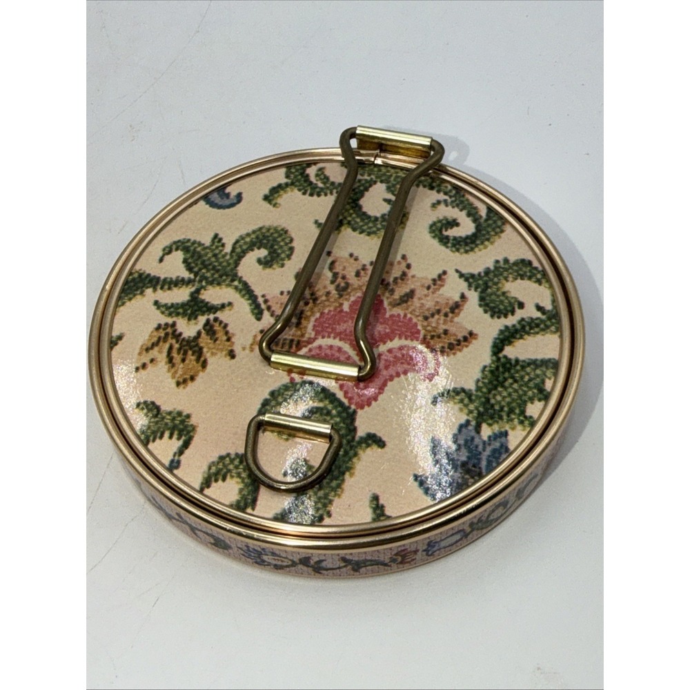 Vtg 60s Japan Round Folding Double-Mirror Compact W/Stand CrossStitch Floral Box - Picture 10 of 10